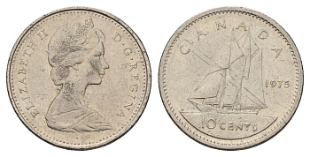Канада 10 центов 1975 Елизавета II (1952-2022), парусник KM 77 никель 4689-543