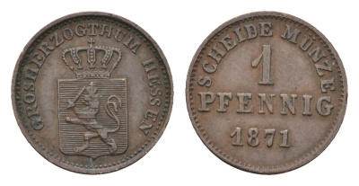 Гессен-Дармштадт 1 пфенниг 1871 KM 337 медь 4152-338