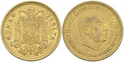 ИСПАНИЯ 1 ПЕСЕТА 1966 (70) ФРАНСИСКО ФРАНКО ДИКТАТОР ИСПАНИИ (1939-1975) КМ 796 алюминиевая бронза 68-147