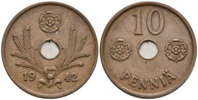 ФИНЛЯНДИЯ 10 ПЕННИ 1942 KM 33.1 медь 192-1111