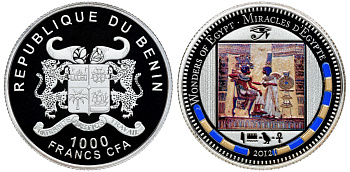 Бенин 1000 франков 2012 серия сокровища Египта, фреска Тутанхамон, цветная эмаль серебро PROOF 1087-10-12