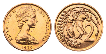 Новая Зеландия 2 цента 1970 Елизавета II (1952-2022), два цветка кохаи, тираж 30.000 экземпляров KM 32 бронза BU 39-1155