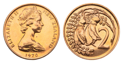 Новая Зеландия 2 цента 1970 Елизавета II (1952-2022), два цветка кохаи, тираж 30.000 экземпляров KM 32 бронза BU 39-1155