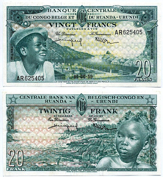 БЕЛЬГИЙСКОЕ КОНГО 20 ФРАНКОВ 1959 1 ИЮНЯ 1959 Pick 31 бумага aUNC 000-000-00