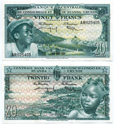 БЕЛЬГИЙСКОЕ КОНГО 20 ФРАНКОВ 1959 1 ИЮНЯ 1959 Pick 31 бумага aUNC 000-000-00