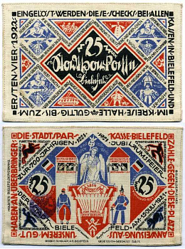 БИЛЕФЕЛЬД, ГЕРМАНИЯ 25 МАРОК 1921 НОТГЕЛЬД, ЗЕМЛЯ СЕВЕРНЫЙ РЕЙН-ВЕСТФАЛИЯ, (15 ИЮЛЯ 1921 - 1 АПРЕЛЯ 1922) ARNOLD KELLER 103.11 шёлк UNC (ПРЕСС) 8518-46-3-2