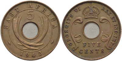 Британская Восточная Африка 5 центов 1942 Георг VI (1936-1952) KM 25.2 бронза 4681-545