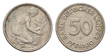 ФРГ 50 пфеннигов 1949 F KM 104, J. 379 медно-никель 4685-331
