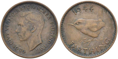 Великобритания 1 фартинг 1944 Георг VI (1936-1952) KM 843, Spink 4116 бронза 212-954
