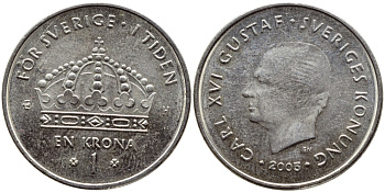 Швеция 1 крона 2005 Карл XVI Густав (1973- ) KM 894 медно-никель 93-335