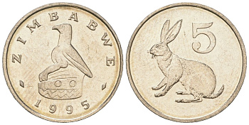 Зимбабве 5 центов 1995 рыжий кролик KM 2 медно-никель UNC 4615-1146