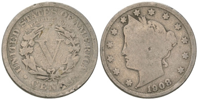 США 5 центов 1908 голова свободы KM 112 медно-никель 3336-226