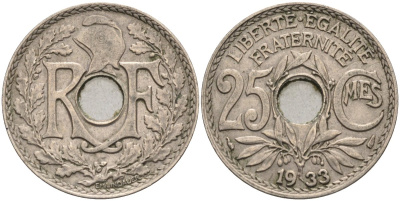 Франция 25 сантимов 1933 тип Линдауэр KM 867a, Le Franc 171 медно-никель 4584-441