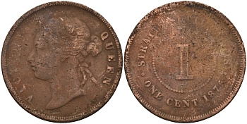 Стрейтс-Сетлментс 1 цент 1875 Виктория (1837-1901), Ост-Индская компания KM 9 медь 4590-414