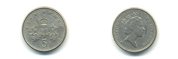 Великобритания 5 пенсов 1990 Елизавета II (1952-2022) KM 937b, Spink 4372 (D4) медно-никель 59-615