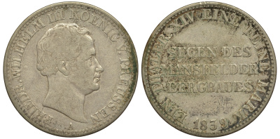 Пруссия 1 талер 1839 Фридрих Вильгельм III (1797-1840) KM 420, AKS 18, Dav. 764, Kahnt 371, Thun 251 серебро 413-6841