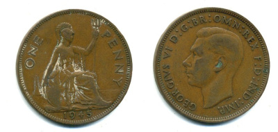 Великобритания 1 пенни 1945 Георг VI (1936-1952) KM 845, Spink 4114 бронза 37-634