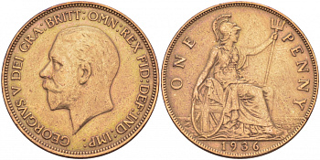 Великобритания 1 пенни 1936 Георг V (1910-1936) KM 838, Spink 4055 бронза 51-4231