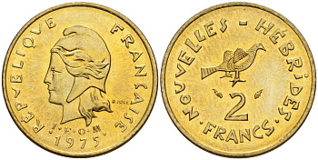 Французские Новые Гебриды 2 франка 1975 заморские территории KM 5.2 никель-латунь 4154-215