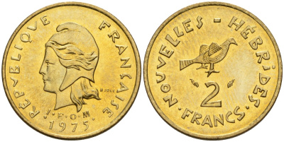 Французские Новые Гебриды 2 франка 1975 заморские территории KM 5.2 никель-латунь 4154-215