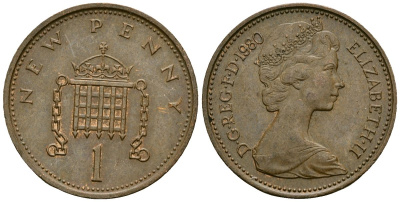 Великобритания 1 пенни 1980 Елизавета II (1952-2022) KM 915, Spink 4237 (B1) бронза 23-1017