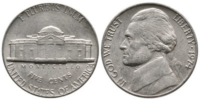 США 5 ЦЕНТОВ 1974 ДЖЕФФЕРСОН KM А192 медно-никель 4364-626