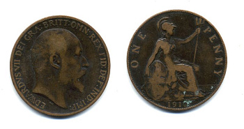 Великобритания 1 пенни 1910 Эдуард VII (1901-1910) KM 794.2, Spink 3990 бронза 47-735