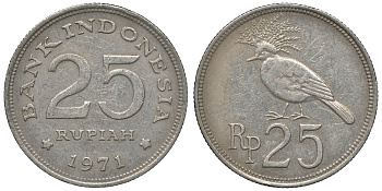 Индонезия 25 рупий 1971 год тип, венценосный голубь KM 34 медно-никель 4118-214