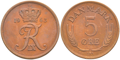 Дания 5 эре 1963 C; S, Фредерик IX (1947-1972) KM 848.1 бронза UNC 106-213