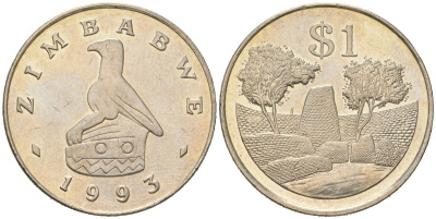 Зимбабве 1 доллар 1993 руины большого Зимбабве KM 6 медно-никель UNC 106-733
