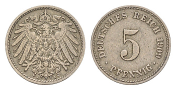 Германия 5 пфеннигов 1909 A, Вильгельм II (1888-1918) KM 11, J. 12 медно-никель 4647-864