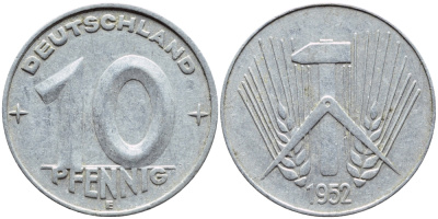 ГДР 10 пфеннигов 1952 E КМ 7 алюминий 261-334