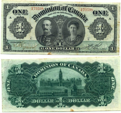 Канада 1 доллар 1911 серия С, здание парламента Pick 27a бумага 451-246-1