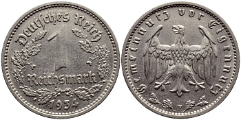 ГЕРМАНИЯ 1 РЕЙХСМАРКА 1934 F КМ 78 J.354 никель 56-1116