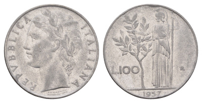 Италия 100 лир 1957 R, Афина в доспехах KM 96.1 нержавеющая сталь 4631-755