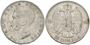 Югославия 20 динаров 1938 Петр II (1934-1945) KM 23 серебро 4177-837