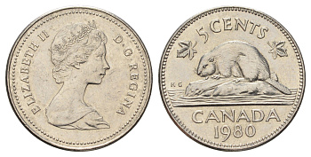 Канада 5 центов 1980 Елизавета II (1952-2022), бобр KM 60.2 никель 4689-418