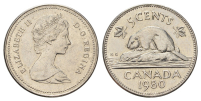Канада 5 центов 1980 Елизавета II (1952-2022), бобр KM 60.2 никель 4689-418