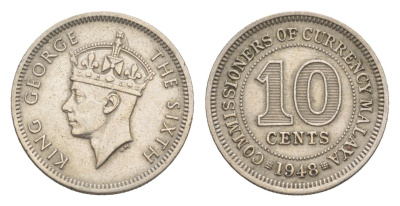 Малайя 10 центов 1948 Георг VI (1937-1952) KM 8 медно-никель 4644-926