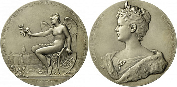 Нидерланды медаль 1898 на коронацию Вильгельмины (1890-1948), обнаженная ангел-женщина на фоне королевского дворца, 62 мм, 84 гр. серебро 00-00