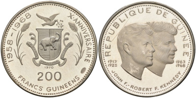 Гвинея 200 франков 1970 10 лет независимости (1958-1968), Джон и Роберт Кеннеди KM 10 серебро PROOF 1531-721