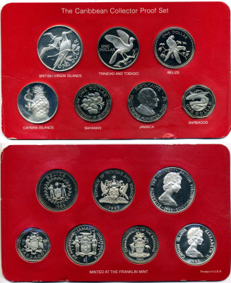 Карибские страны набор из 7 монет 1983 Британские Виргинские острова и др., в запайке в оригинальной коробке с сертификатом есть серебро PROOF 4-5-1-26