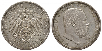 Вюртемберг 5 марок 1907 F, Вильгельм II (1891-1918) Weege 172, J. 176, KM 632 серебро 00-1067-4-24