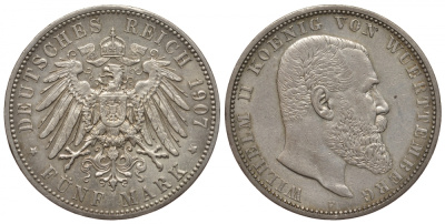Вюртемберг 5 марок 1907 F, Вильгельм II (1891-1918) Weege 172, J. 176, KM 632 серебро 00-1067-4-24