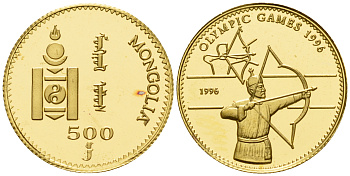 Монголия 500 тугриков 1996 XXVI олимпийские игры 1996 года в Атланте, стрельба из лука золото PROOF 00-815-38