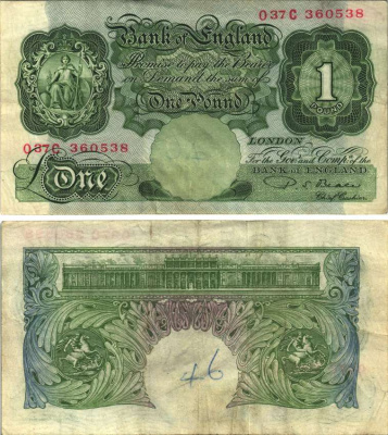 АНГЛИЯ 1 ФУНТ 1949-1955 ЗЕЛЕНЫЙ, ПОДПИСЬ P.S. BEALE Pick 369b бумага VF 6283-25-2-2