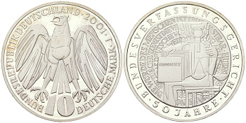 ФРГ 10 марок 2001 J, 50 лет Федеральному конституционному суду KM 206 серебро PROOF 1530-1233