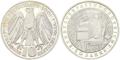 ФРГ 10 марок 2001 J, 50 лет Федеральному конституционному суду KM 206 серебро PROOF 1530-1233