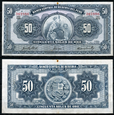Перу 50 солей 1959 сидящая свобода, Thomas de la Rue Pick 78 a  бумага   451-730-2
