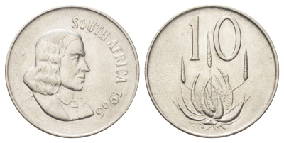 ЮАР 10 центов 1966 Ян ван Рибек (1619-1677), South Africa, легенда на африкаанс, цветок алоэ KM 68.1 никель 4696-1016